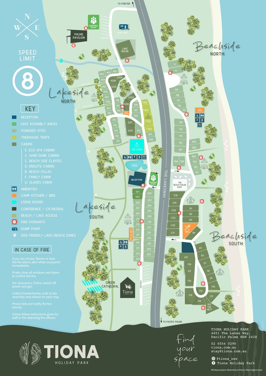 The Tiona Holiday Park map: Lakeside sites and cabins to the west of The Lakes Way, Beachside to the east, reception and the pool by the crossing, the Beach House Cafe across the road